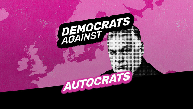 Black and white photo of Orbán with the text Democrats against Autocrats