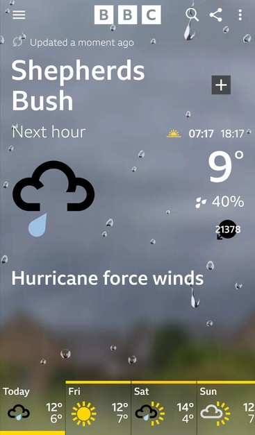 Screenshot from BBC weather app showing forecast for hurricane force winds.