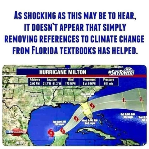 An image featuring a weather advisory for Hurricane Milton, displaying its location, wind speed (175 MPH), movement direction (E at 9 MPH), and pressure (911 mb). Above the map, there is a humorous critique about removing climate change references from textbooks which doesn’t appear to help.