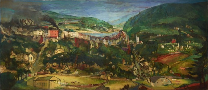 A large mural of a Pennsylvania mining town in the early 20th century, so sprawling and dense as a human-dominated landscape of tiny vignettes that it somewhat resembles a 17th c. Flemish painting. 