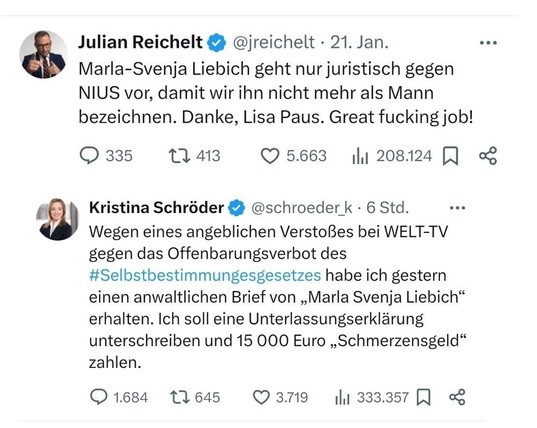 Tweets von Julia Reichelt und Kristina Schröder, die beide sich darüber beschweren verklagt zu werden. Schröder soll 15.000€ Schmerzensgeld bezahlen. 😂