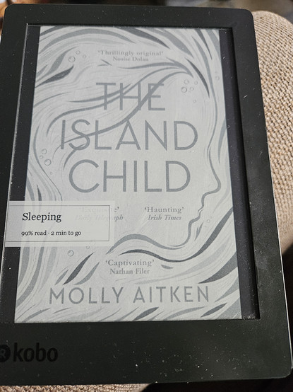 Photo of ereader showing the book cover. Curly lines as waves around an island.  