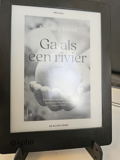 Book cover on ereader showing a hand with a peach