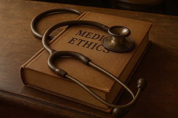 A Victorian stethoscope lying on a leather bound book titled Medical Ethics