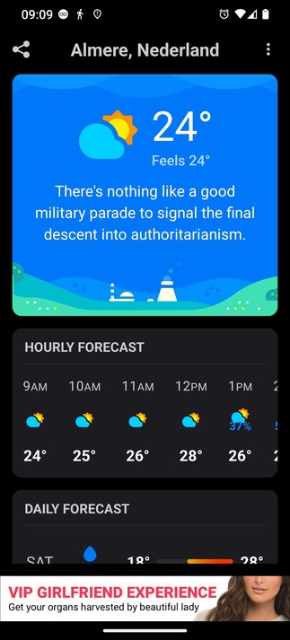 screenshots, weather app telling me: There is nothing like a good military parade to signal the final descent into authoritarianism.