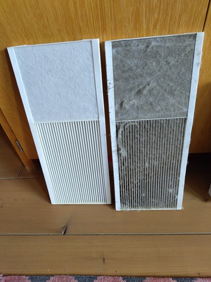 links een schoon filter, rechts een half jaar gebruikt filter.
