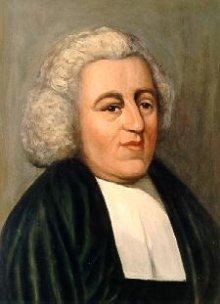 A photograph of a contemporary painting of John Newton. A 17th clergyman wearing a black coat, white shirt and a wig.