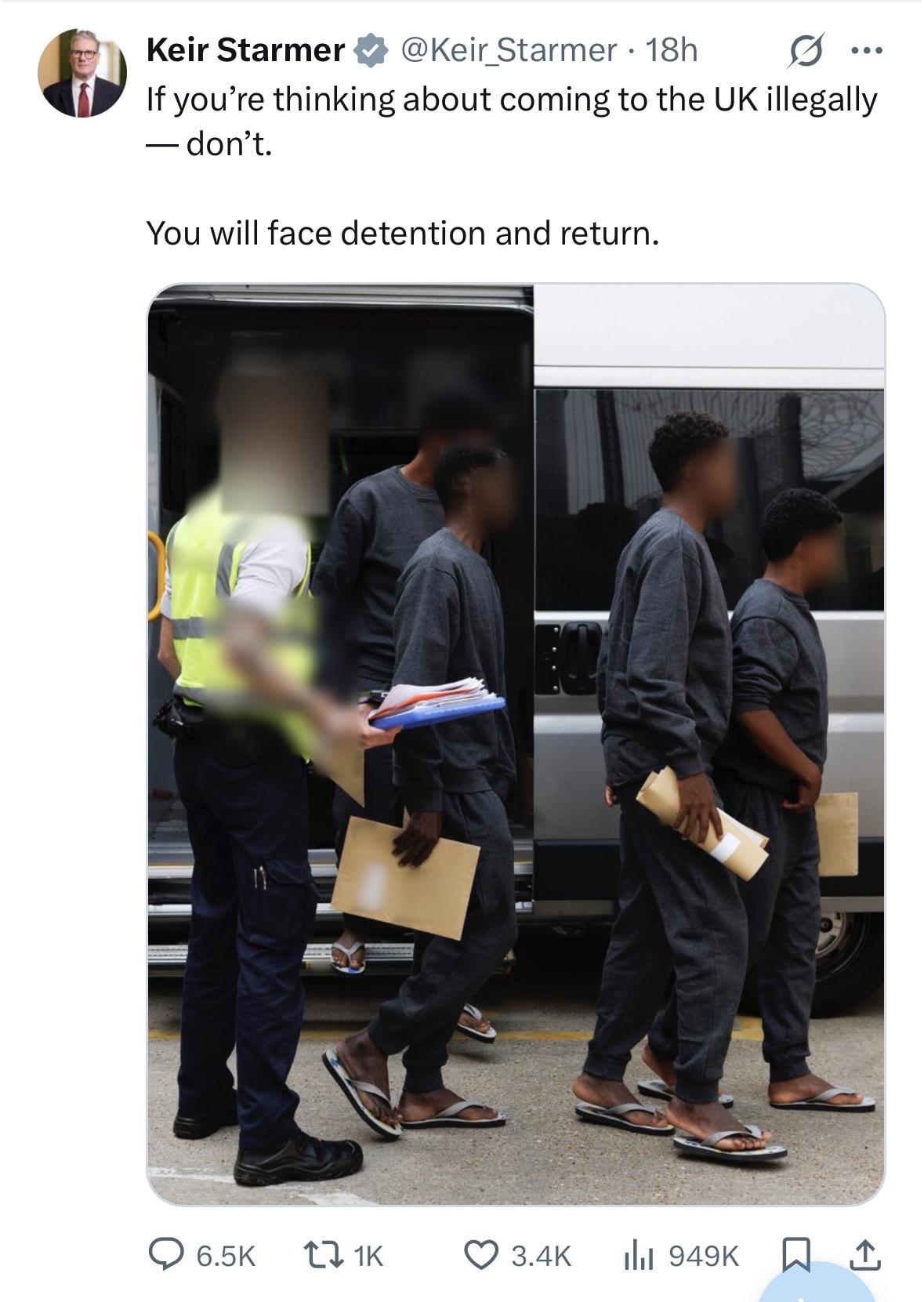 Screenshots of Keir Starmer’s last three tweets
Keir Starmer
@Keir Starmer • 18h
..
If you're thinking about coming to the UK illegally
_don't.
You will face detention and return.