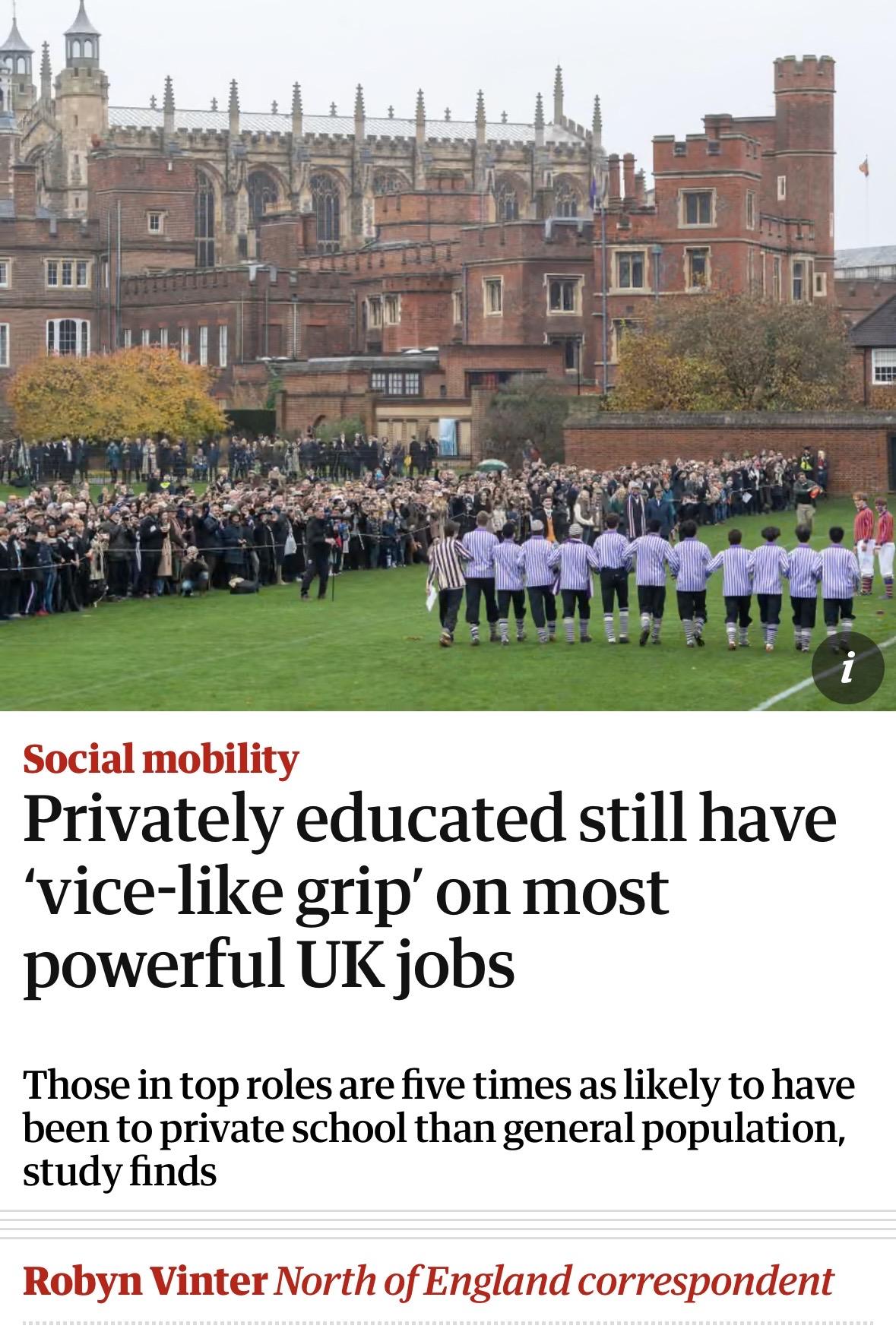 Screenshot of top of this article
1
Social mobility
Privately educated still have
'vice-like grip' on most
powerful UK jobs
Those in top roles are five times as likely to have
been to private school than general population,
study finds
Robyn Vinter North of England correspondent