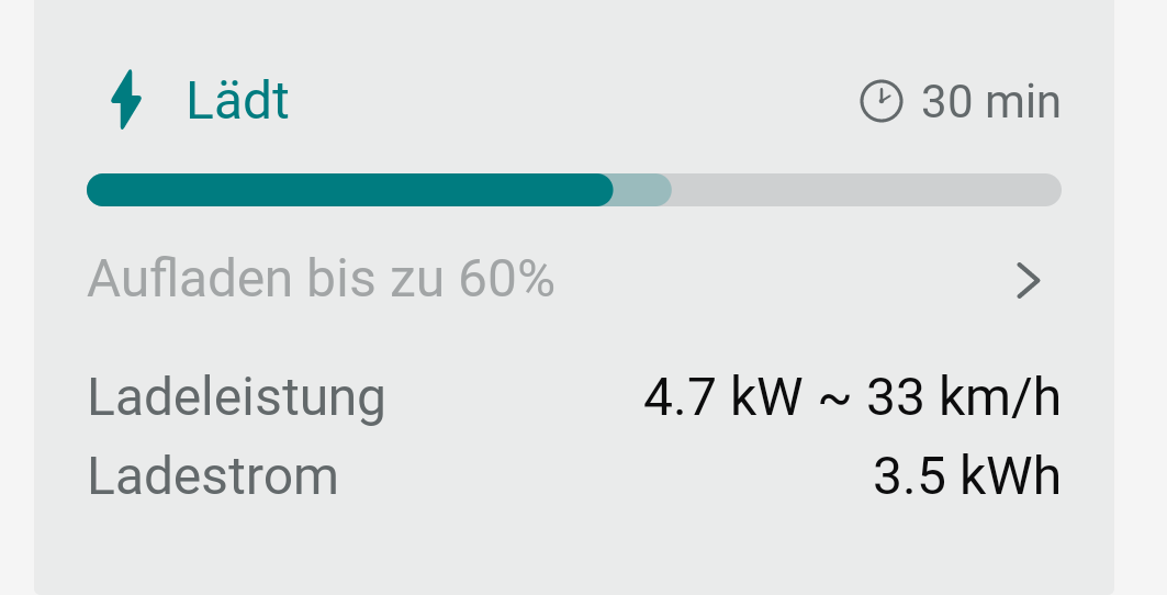 Screenshot der Cupra App, die Ladeleistung ist korrekt in kW angegeben, darunter ist "Ladestrom" als 3,5kWh angegeben - ich nehme an, dass ist die Ladung im bisherigen Ladevorgang 