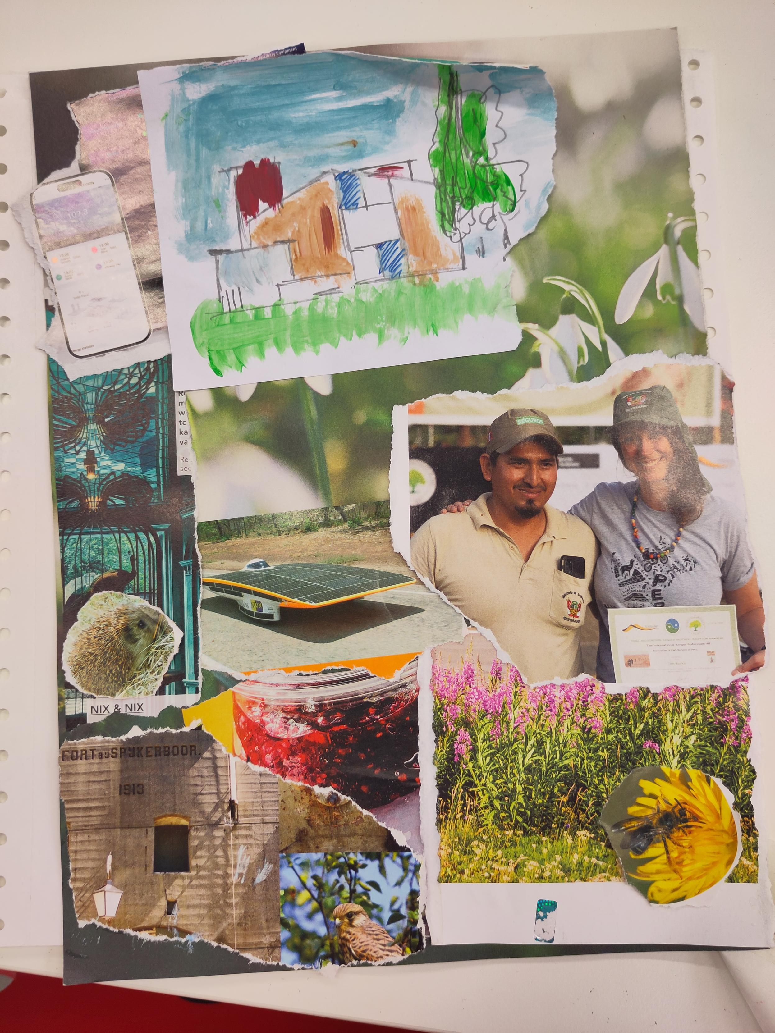 Collage of plants, building, people, solar people 
Drawing on top of a farm house with a big tree