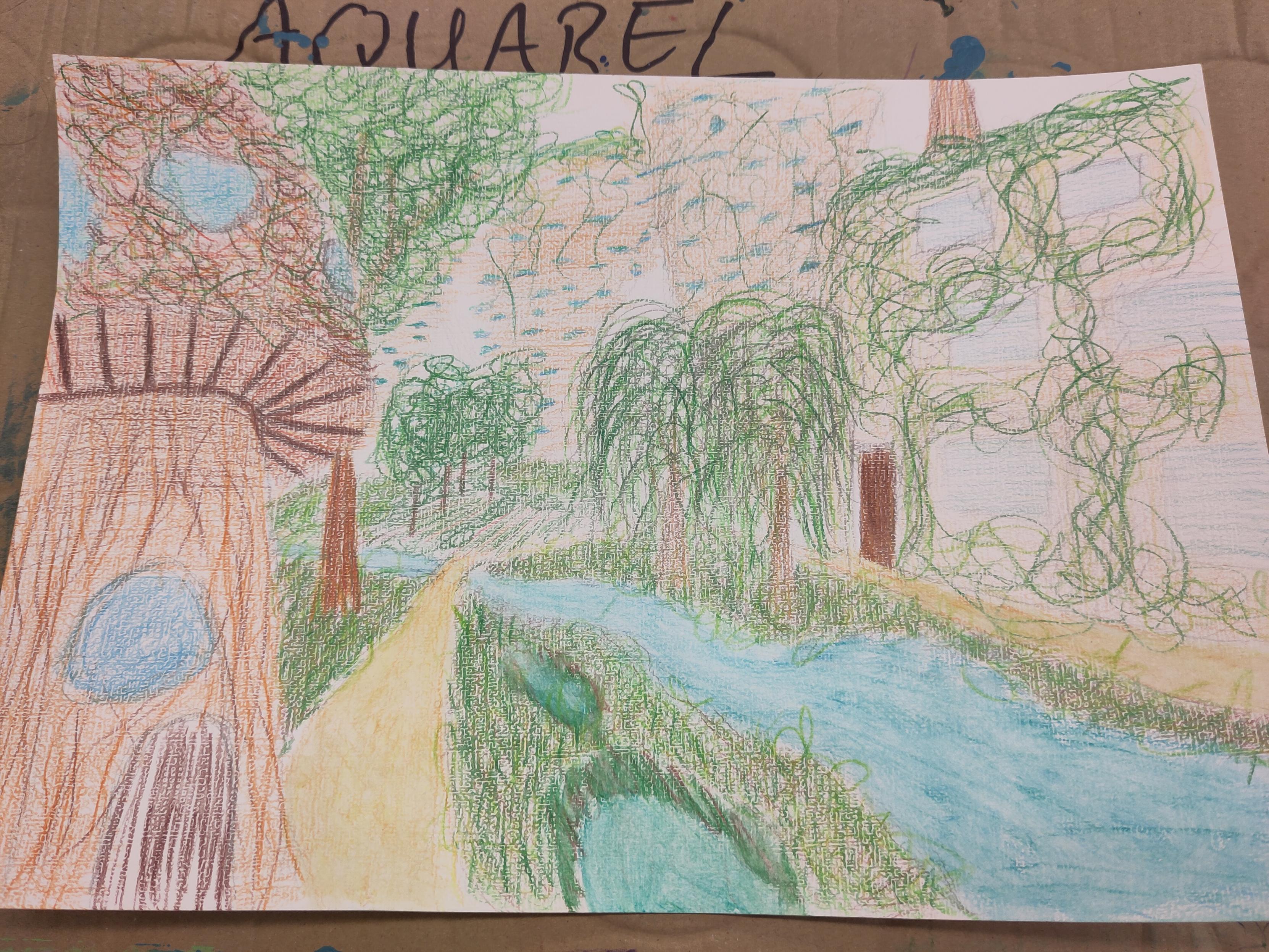 Coloured pencil drawing of a shroom house 
some wadi and water and wooden houses