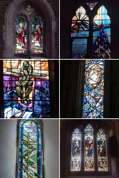 A collage of six stained glass windows.