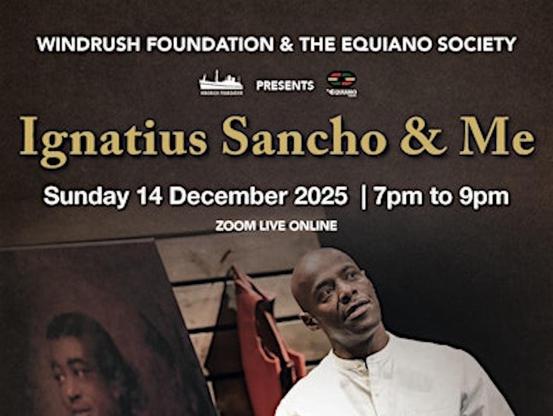 Poster promoting the event. Brown background with a portrait of Ignatius Sancho on the left and Paterson Joseph on the right wearing a white collarless shirt.