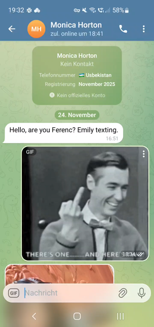 Eine Konversation mit GIFs aus Telegram: 

Hello, are you Ferenc? Emily texting. 

Ein GIF mit zwei Stinkefingern

Ein überzeichnetes Bild einer hübschen Dame: This is my picture, Did you still remember me?

Ein GIF von Clint Eastwood in dem er ein angewiedertes Gesicht macht. 

What do you mean? 

GIF in grossen Buchstaben: IT's A SCAM!