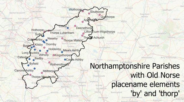 A map of the English Midlands showing the outline of Northamptonshire and a selection of places with names and red and blue markers.