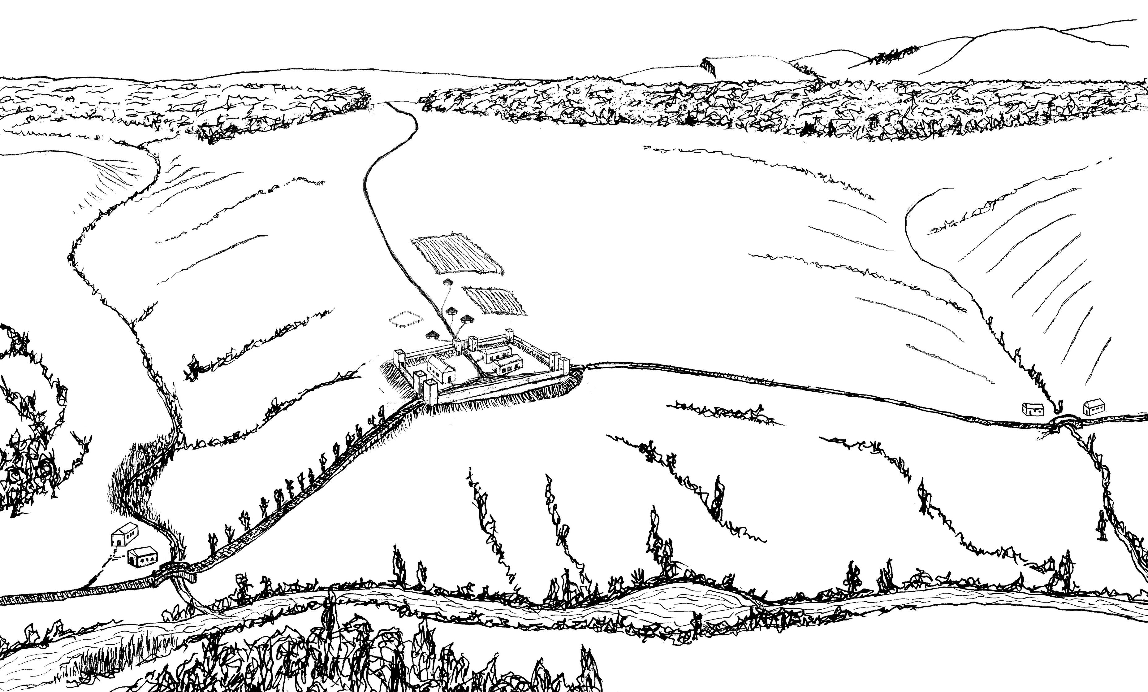 A Roman Fort sits on high ground above a river. A road runs through the fort. There is a small settlement outside the fort. In the distance are the forests and hills of Derbyshire's Peak District. This is how I imagine the Roman Fort might have looked at Chesterfield in 41CE.