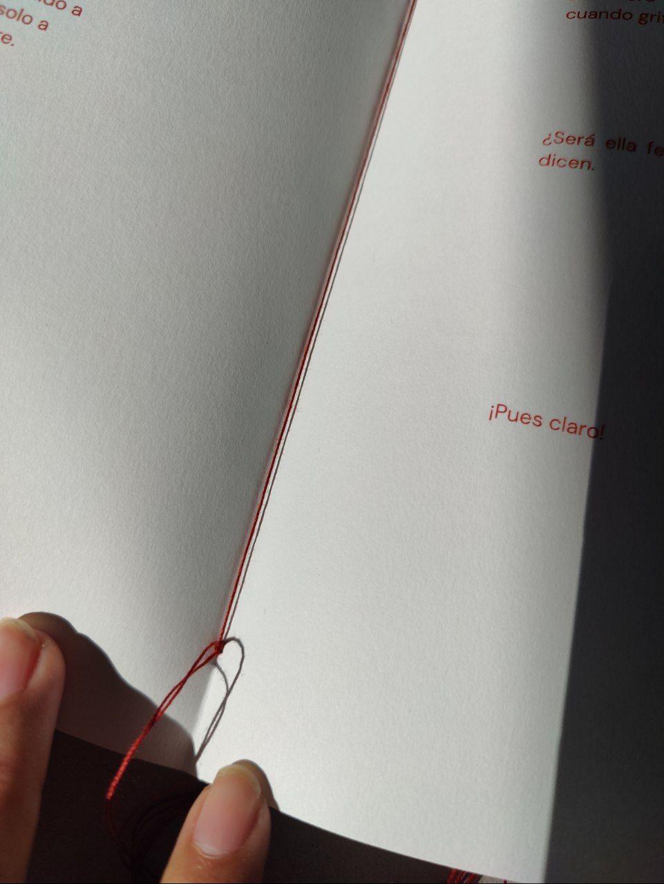 detalle de páginas cosidas a mano con hilo rojo