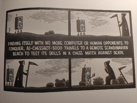Cartoon van Tom Gauld waarin een AI schaakrobot bij gebrek aan mensen om tegen te spelen op een Scandinavisch strand tegen De Dood schaakt. Zwart-Wit uiteraard.