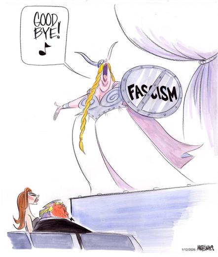 Brünnhilde sings Goodbye to the Trumps, on her Shield, the word Fascism