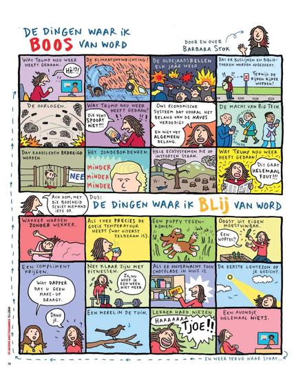 cartoon met dingen waarvan Barbara Stok boos of blij van wordt.