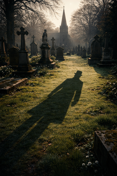 A dark Victorian graveyard with the shadow of a man on the grass 