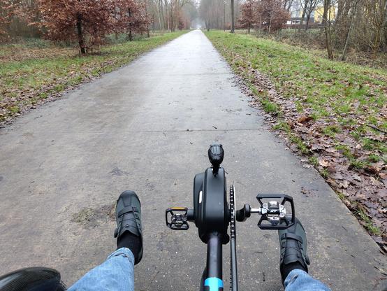uitzicht vanaf de fiets op park, fietspad, benen, schoenen, trapondersteuning en tappers