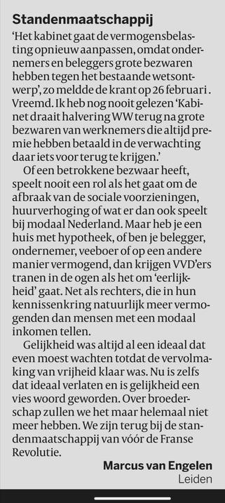 ingezonden brief over de vooral door de VVD gecreëerde standenmaatschappij.