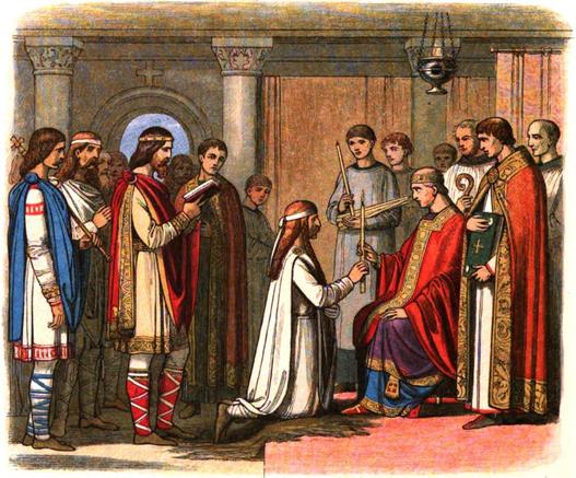 A colurised Victorian representation of the baptism of the Viking king Guthrum in 878, following his defeat by King Alfred the Great. The illustration shows Guthrum kneeling while being baptized, with King Alfred of Wessex present as his godfather. This event marked a crucial moment in Anglo-Saxon history, leading to a lasting peace treaty between the Saxons and the Danes in Britain. 