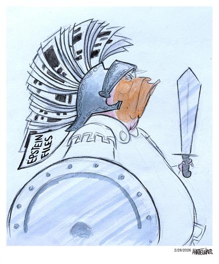 Trump als Romeins veldheer met zwaard en de Epstein files als veren in zijn helm