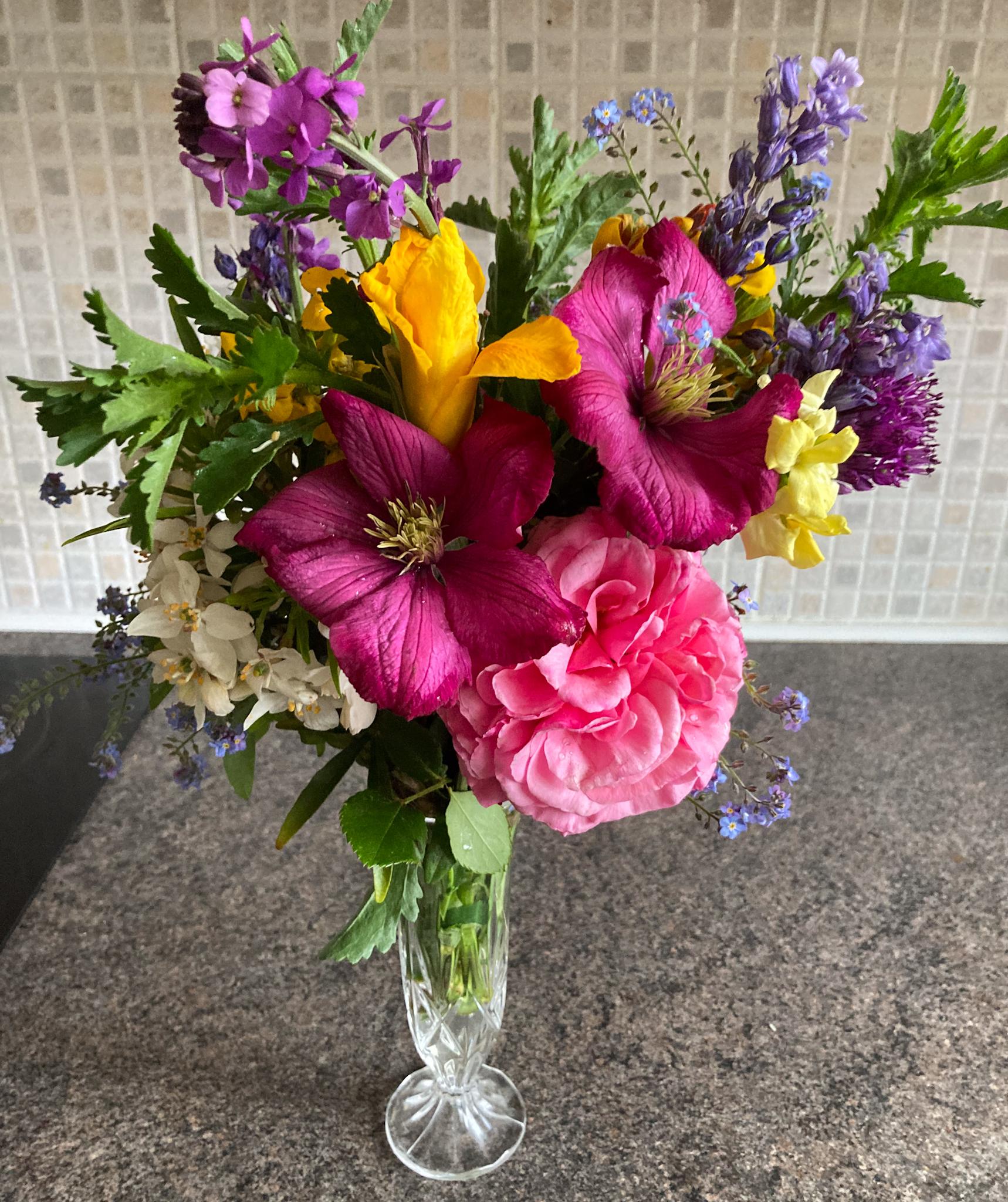 A bouquet of pink rose, burgundy clematis, white choisya, purple bowles mauve, bluebells, yellow dutch iris, yellow and orange wallflower, blue pink forget-me-nots.