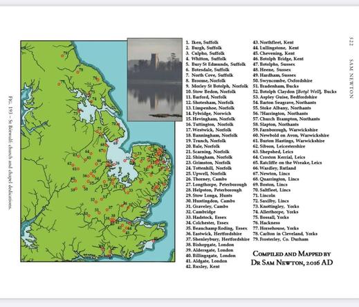 Map of the east side of England showing the location of churches dedicated to DT Botolph. To the right of the map is a table listing the places.