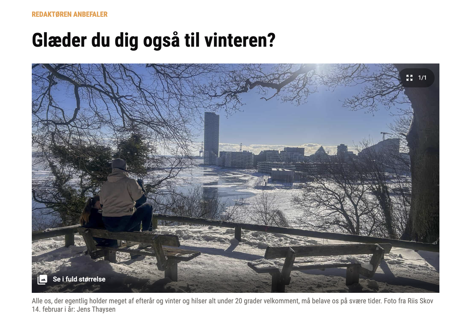 Short version: article about looking forward to winter. Fuller description: Aarhus Stiftstidende newspaper article with winter photo of a person on a bench on a sunny snowy day, sitting on a hill in the forest, looking down at the Aarhus docklands skyline and sea covered in ice. Danish headline: ‘Glæder du dig også til vinteren?” – “Are you looking forward to winter too?” The full article is all about how we can expect temperatures in the late 30s and maybe up to 40 to be the new normal and we should get used to. Impressively, it never mentions climate collapse once nor suggests that we can or should do anything whatsoever to try to stop this from getting worse.