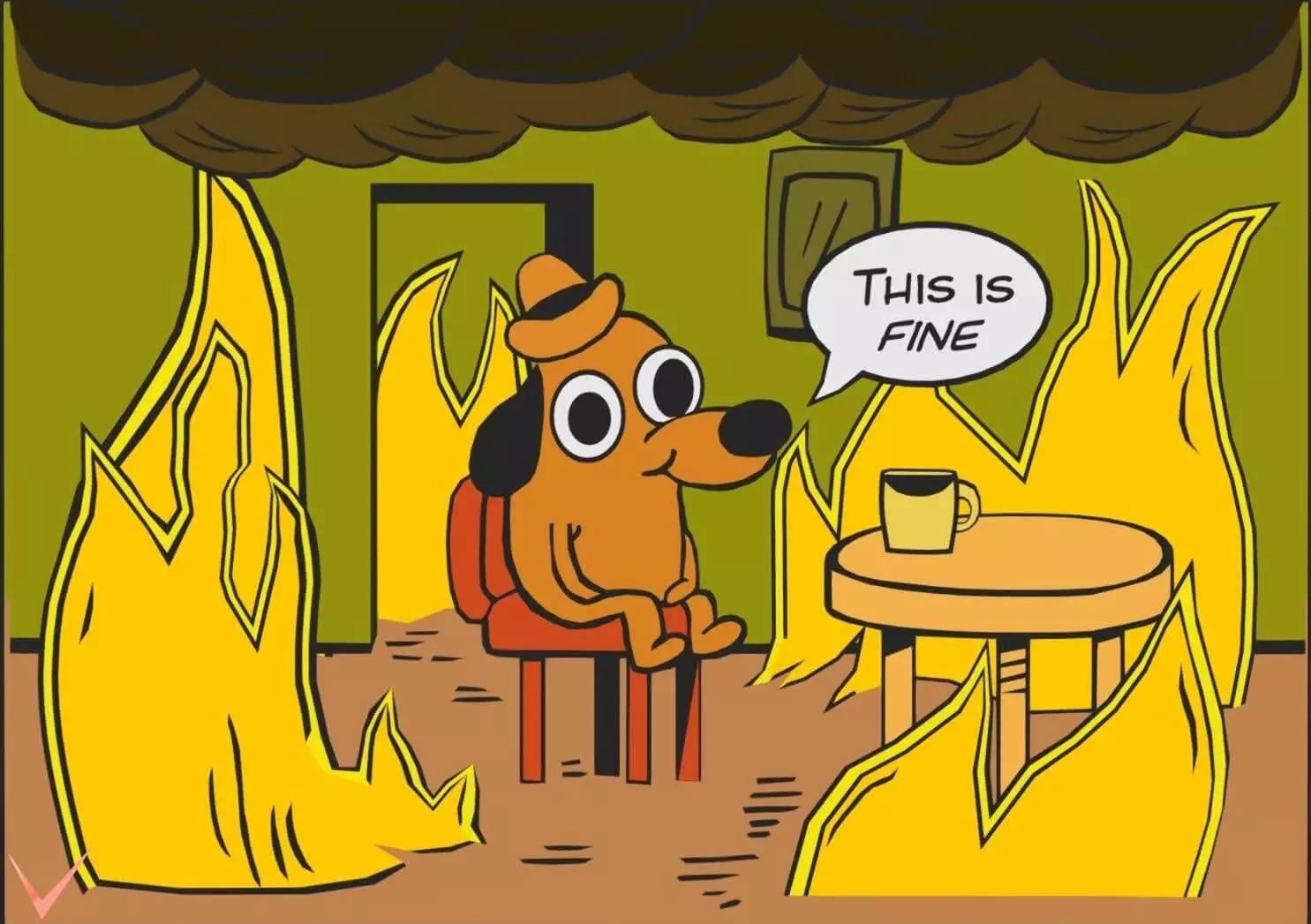 Cartoon dog sitting in a room full of fire with a cup of tea saying;

THIS IS
FINE