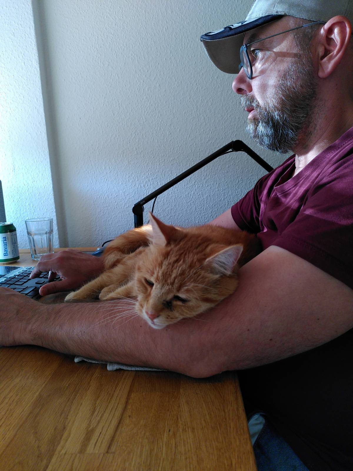 Bjarne sitting at his desk, hand on keyboard, ginger cat in his arms (until it's fed)