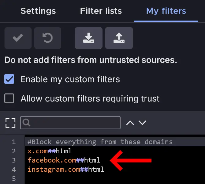 Screenshot from Ublock Origin showing 'My filters' entries like x.com##html which blocks everything from x.com