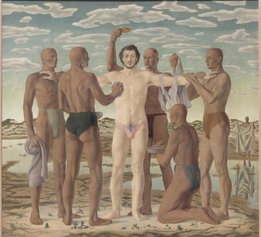 An allegorical surrealist painting of a white man being washed by apparently native Americans. Much of the competition is drawn from the second painting in this post. Hear a stiff white man stands in the pose of the cross and one of the attendance is pouring water over his head while the others touch or wash his body in various ways. As in the Della Francesca a man holding white cloth stands in the background reflected in the water.