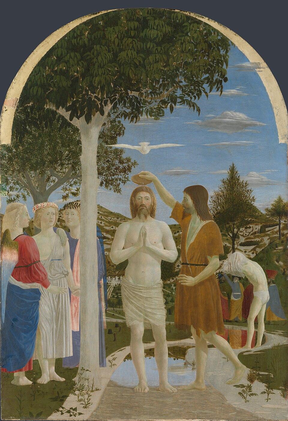 The classical renaissance painting of the scene of jesus's baptism. Jesus stands stiff and statue-like at center as John the Baptist pours water over his head and angelic onlookers attend. A white dove is descending from above and in the distance a person is pulling clothing over their head reflected in the water.