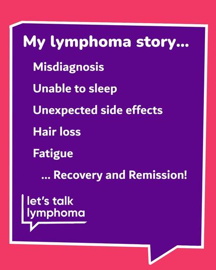 White text on a purple background describes a typical experience of a Lymphoma patient: 'Misdiagnosis, Unable to sleep, Unexpected side effects, Hair loss, Fatigue, Recovery and Remission!' 