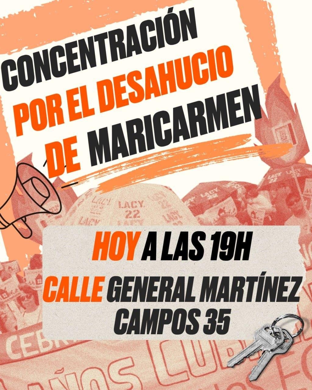 Cartel en el que pone concentración por el desahucio de Maricarmen, hoy a las 19h, en general Martínez campos 35