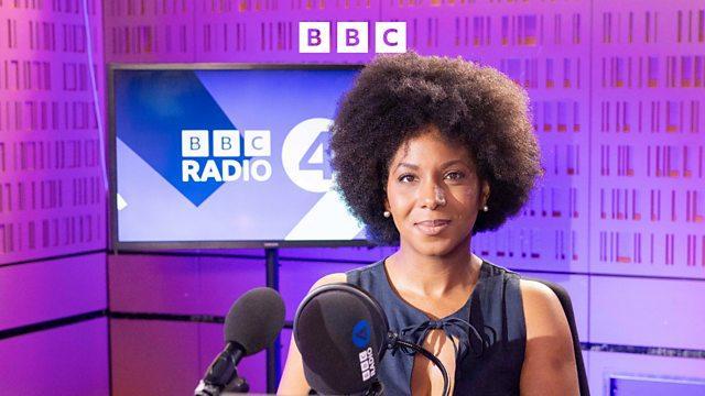 A lady in a recording studio with a purple background. A monitor displays the logo of BBC Radio 4.